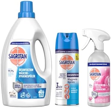 Sagrotan Hygiene Set – 3-teiliges Bundle mit Desinfektionsspray, Textilerfrischer & Hygienespüler für frische Wäsche