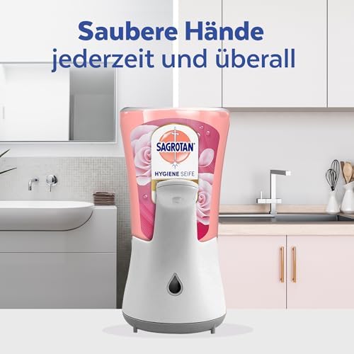 Sagrotan No-Touch Nachfüller Rose und Shea – Sanfte Handseife für den automatischen Seifenspender im Badezimmer – 5 x 25