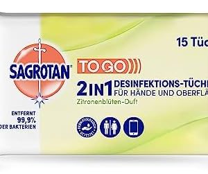 Sagrotan 2in1 Desinfektionstücher – Zitronenblüten-Duft für hygienische Hände & Oberflächen – 15 Tücher