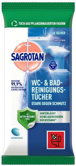 Sagrotan WC-Reinigungstücher – Hygienische Sauberkeit und Glanz für Ihr Bad – 6 x 60 Desinfektionstücher im praktischen