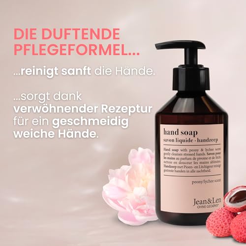 Jean & Len Handseife Pfingstrose & Litschi – Sanfte Reinigung für geschmeidige Hände, 250 ml, vegan & ohne Mikroplastik