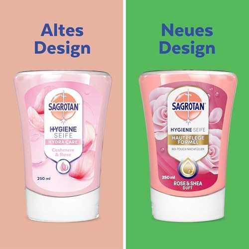 Sagrotan No-Touch Nachfüller Rose und Shea – Sanfte Handseife für den automatischen Seifenspender im Badezimmer – 5 x 25