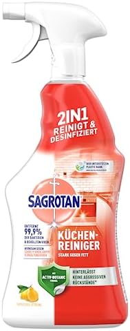 Sagrotan Küchen-Allzweck-Reiniger Zitrone – 2in1 Desinfektionsmittel für hygienische Küchenflächen – 4 x 750 ml Sprühfla