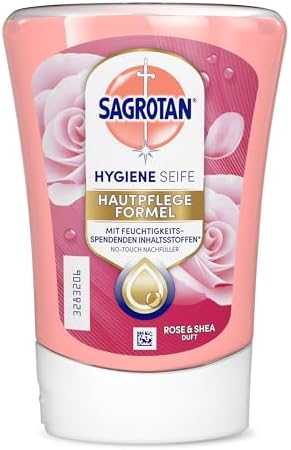 Sagrotan No-Touch Nachfüller Rose und Shea – Sanfte Handseife für den automatischen Seifenspender im Badezimmer – 5 x 25