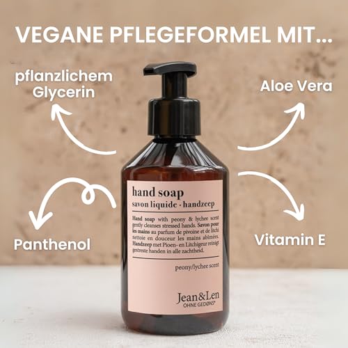 Jean & Len Handseife Pfingstrose & Litschi – Sanfte Reinigung für geschmeidige Hände, 250 ml, vegan & ohne Mikroplastik