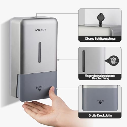 anydry Wandmontierter Manueller Druck-Seifenspender 800 ml, Sichtfenster, einfacher Wechsel, ideal für Haushalt & Gewerb