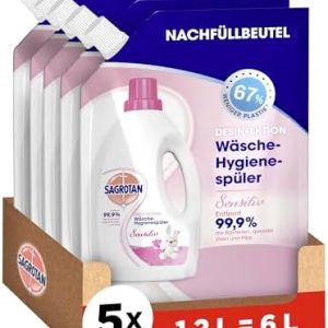 Sagrotan Wäsche-Hygienespüler Sensitiv – Effiziente Desinfektion für frische Wäsche im Vorteilspack (5 x 1,2 l)
