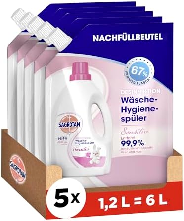 Sagrotan Wäsche-Hygienespüler Sensitiv – Effiziente Desinfektion für frische Wäsche im Vorteilspack (5 x 1,2 l)