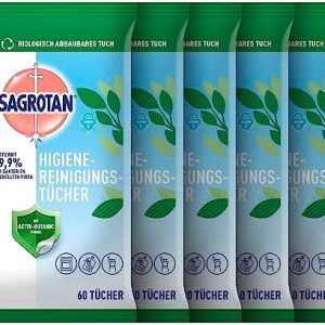 Sagrotan Hygienereinigungstücher – Effektive Desinfektion für hohe Hygieneansprüche – 5 x 60 Tücher in praktischer Verpa