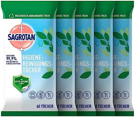 Sagrotan Hygienereinigungstücher – Effektive Desinfektion für hohe Hygieneansprüche – 5 x 60 Tücher in praktischer Verpa