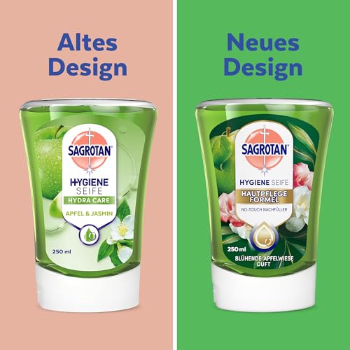 Sagrotan No-Touch Nachfüller für automatischen Seifenspender - Blühende Apfelwiese Duft, 5 x 250 ml Handseife für frisch