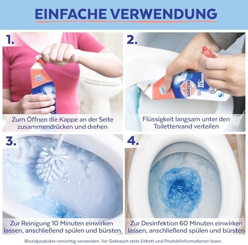 Sagrotan WC-Reiniger Ozeanfrische – 2in1 Reinigungskraft mit Antischmutzfilm für hygienische Frische im Bad – 4 x 750 ml