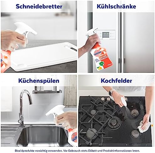 Sagrotan Küchen-Allzweck-Reiniger Zitrone – 2in1 Desinfektionsmittel für hygienische Küchenflächen – 4 x 750 ml Sprühfla