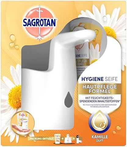 Sagrotan No-Touch Starter-Set – Automatischer Seifenspender mit Kamille für hygienische Reinigung in jedem Bad – 1 x 250
