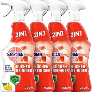 Sagrotan Küchen-Allzweck-Reiniger Zitrone – 2in1 Desinfektionsmittel für hygienische Küchenflächen – 4 x 750 ml Sprühfla