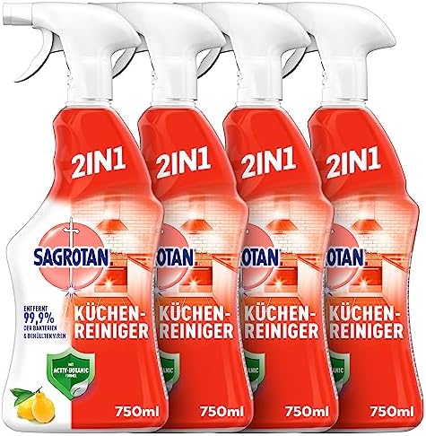 Sagrotan Küchen-Allzweck-Reiniger Zitrone – 2in1 Desinfektionsmittel für hygienische Küchenflächen – 4 x 750 ml Sprühfla