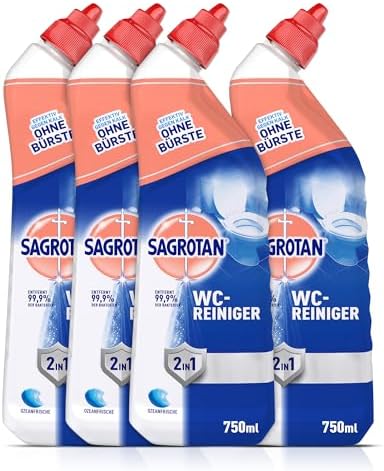 Sagrotan WC-Reiniger Ozeanfrische – 2in1 Reinigungskraft mit Antischmutzfilm für hygienische Frische im Bad – 4 x 750 ml