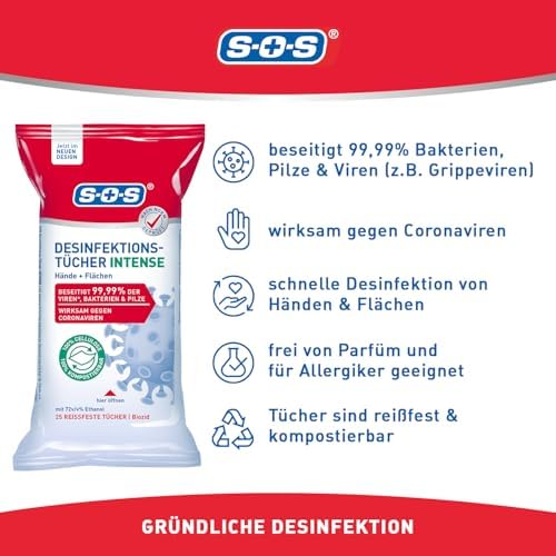 SOS Desinfektionstücher INTENSE – Biologisch abbaubar für Hände & Flächen | 99,99% Schutz gegen Bakterien & Viren | Idea