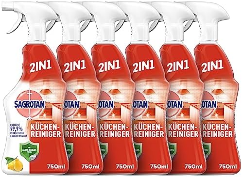 Sagrotan Küchen-Allzweck-Reiniger Zitrone – 2in1 Desinfektionsmittel für hygienische Küchenflächen – 4 x 750 ml Sprühfla