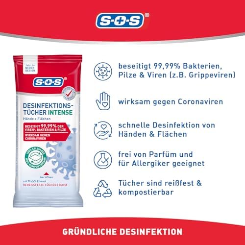 SOS Desinfektionstücher INTENSE – Biologisch abbaubar für Hände & Flächen | 99,99% Schutz gegen Bakterien & Viren | Idea