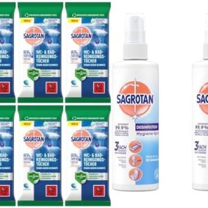 Sagrotan Desinfektionsprodukte - 6 x 60 WC-Reinigungstücher & 2 x 250ml Hygiene Pumpspray für effektive Keimfreiheit im