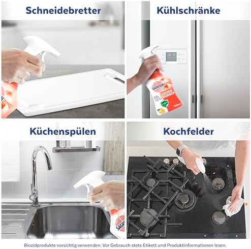 Sagrotan Küchen-Allzweck-Reiniger Zitrone – 2in1 Desinfektionsmittel für hygienische Küchenflächen – 4 x 750 ml Sprühfla