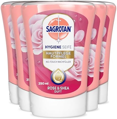 Sagrotan No-Touch Nachfüller Rose und Shea – Sanfte Handseife für den automatischen Seifenspender im Badezimmer – 5 x 25
