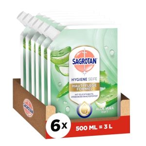 Sagrotan Handseife Nachfüller Aloe Vera – Feuchtigkeitsspendend & antibakteriell – Perfekt für zuhause, 6 x 500 ml