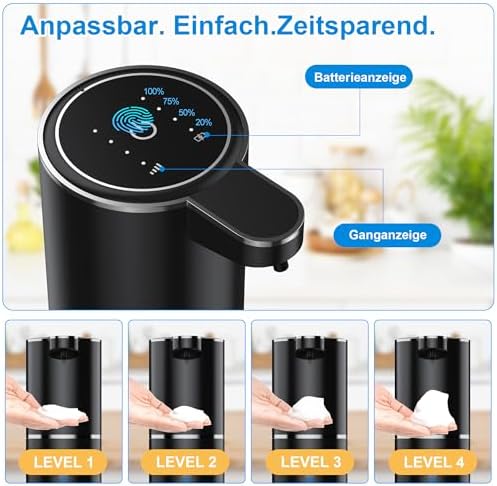 Automatischer Seifenspender von mit Infrarotsensor, 380ml, USB wiederaufladbar, IPX5 wasserdicht für Bad, Küche und Toi