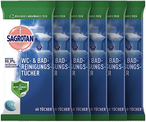 Sagrotan WC-Reinigungstücher – Hygienische Sauberkeit und Glanz für Ihr Bad – 6 x 60 Desinfektionstücher im praktischen