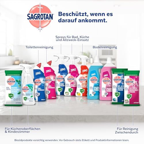 Sagrotan WC-Reinigungstücher – Hygienische Sauberkeit und Glanz für Ihr Bad – 6 x 60 Desinfektionstücher im praktischen